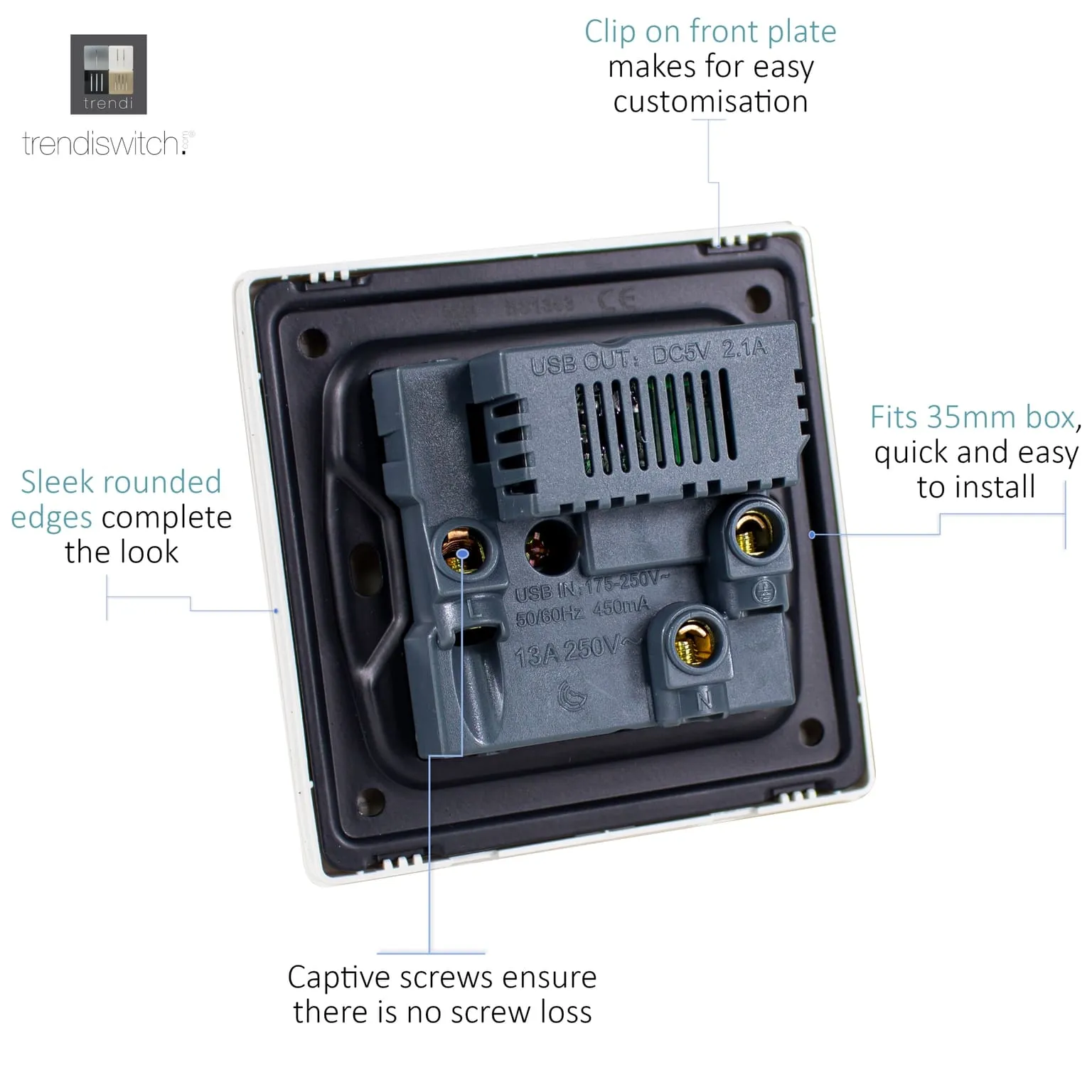 1 Gang 13Amp Switched Single Socket With 2 x USB Silver ART-SKT13USBSI  Trendi Platinum Silver